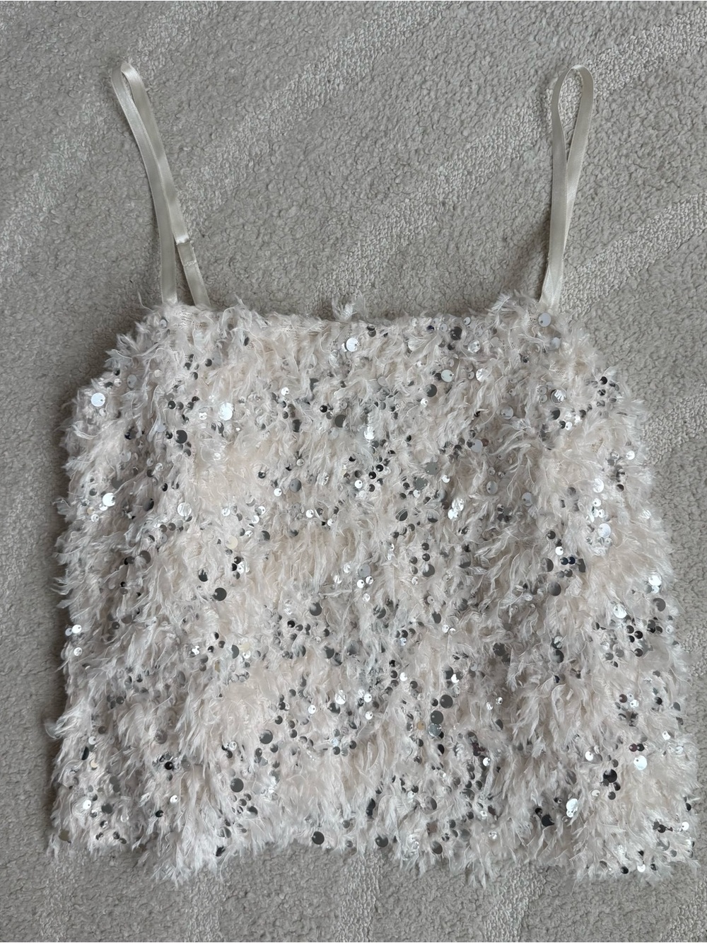 Steve Madden Sequin Feathered Cami Tank Top - Cream